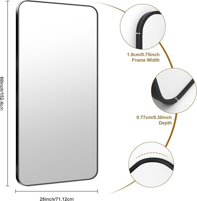 KOCUUY Black Bathroom Mirror 60"x28", Large Vanity Mirror with Rounded Corner, Metal Black Frame with Mordern Design for Bathroom, Living Room, Entryway, Hang Horizontal/Vertical