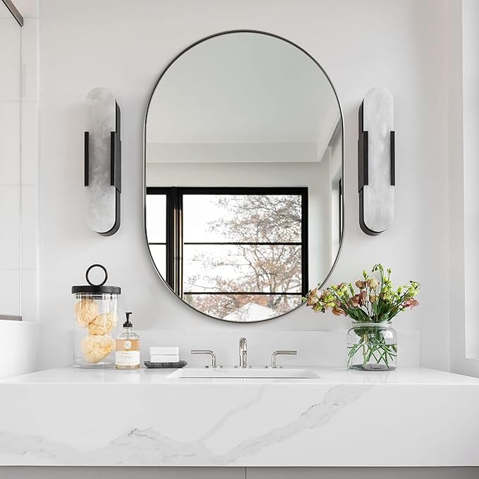 ANDY STAR Chrome Bathroom Mirror, 26x38’’ Oval Mirrors for Bathroom, Pill Shaped Mirror Chrome Metal Framed, SUS304 Anti-Rust, 1’’ Deep Wall-Mounted Vertically/Horizontally