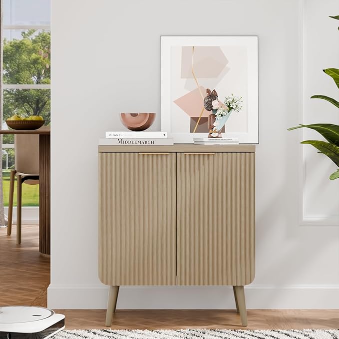 23.6" Sideboard Cabinet with 2 Doors, Modern Buffet Cabinet with Adjustable Shelf, Dining Room Sideboard, Fluted Buffet Sideboard for Living Room, Hallway, Entryway, Natual Oak