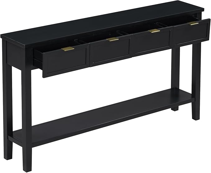Ball & Cast 60“ Contemporary 4 Drawers Console Table, Long Narrow Entryway-Table with Drawer & Shelf, Modern Storage Sofa Tables, Farmhouse Wood Couch-Tables for Entrance Hallway Living,Black