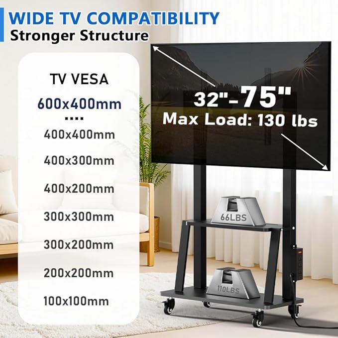 Rolling TV Stand with Power Outlet, Mobile TV Stand on Wheels for 32-75 inch TV, Height Adjustable Portable Black TV Cart, Holds up to 130LBS, Vesa 600×400mm