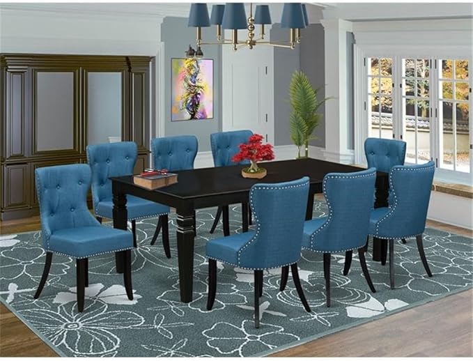 East West Furniture LGSI9-BLK-21 9 Piece Dining Table Set Includes a Rectangle Dining Room Table with Butterfly Leaf and 8 Blue Linen Fabric Upholstered Chairs, 42x84 Inch, Black