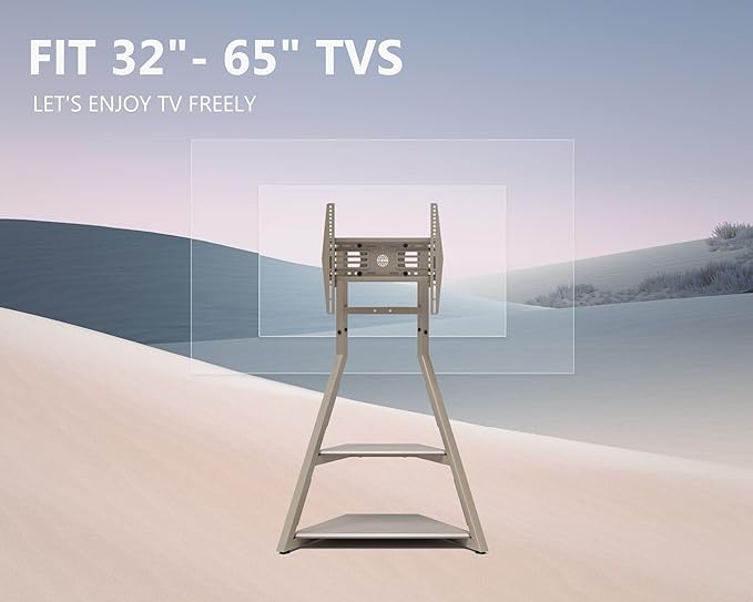 FITUEYES Design Corner TV Stand for 32 43 50 55 65 Inch TVs, Small Spaces Floor TV Stand Rolling TV Cart for LCD/LED Flat Curved Screens, Modern Living Room Television Stands, Eiffel Series, Camel
