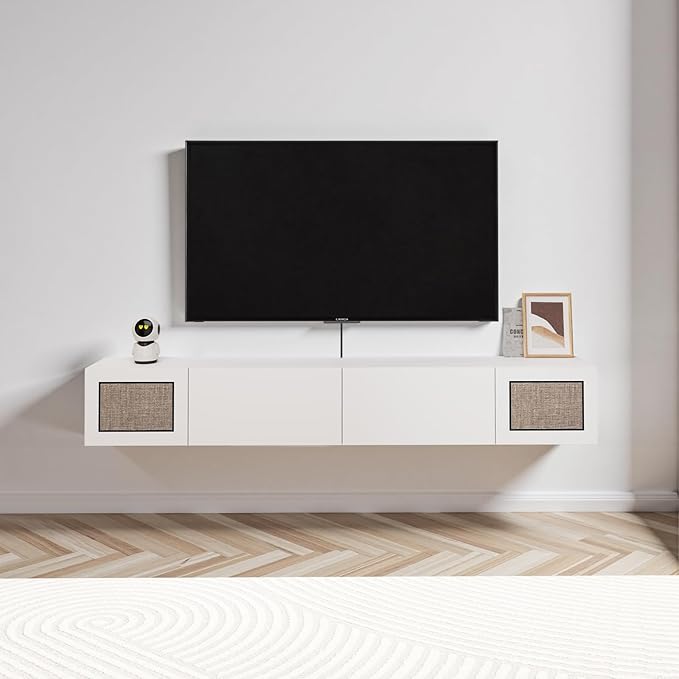 Pmnianhua Boho Floating TV Stand 70", Modern Wall Mounted Media Console with Cotton-Rayon Doors for Under TV Shelf,Entertainment Center,Living Room,Bedroom(White)