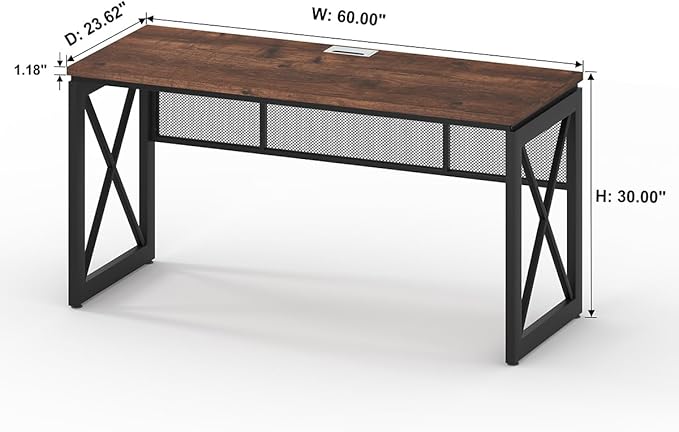 BON AUGURE 60 Inch Computer Desk for Home Office, Industrial Metal Wood Desks, Farmhouse Large Writing Table, Modern Sturdy Gaming Desk (Rustic Oak)