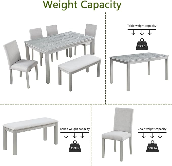 soges 6 Piece Wooden Dining Table Set, Dining Room Table with 4 Upholstered Chairs and Bench, Rectangular 6-Person Kitchen Dining Table Set with Crystal Decoration, Silver Grey