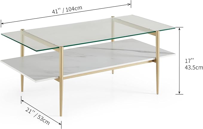 AGV LIGHTING Tadio Glass Coffee Table, Mid-Century Modern Coffee Table for Living Room, Gold Finish Leg, Clear Glass Top & Faux Marble Shelf, 41 in