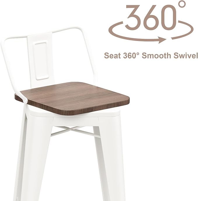 30 Inch Swivel Bar Stools Set of 4 with Backs Counter Height Industrial Metal Barstools Island Bar Chairs for Home Kitchen Dining Room (Swivel 30 inch, White Wooden)