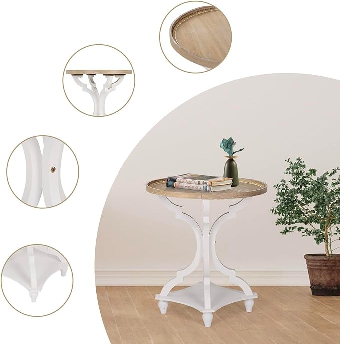 Wnutrees Farmhouse Round Accent End Table, Rustic Side Table Nightstands for Living Room, Wood Tray Top, Handcrafted Finish, Set of 2, White