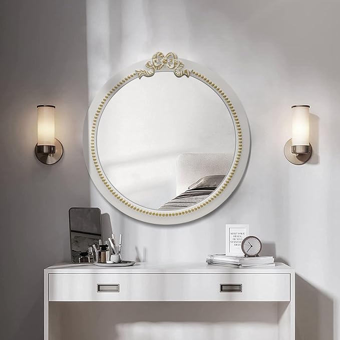 Vintage Round Wall Mirror 23.6inch Farmhouse Wooden Vanity Mirror for Wall Decor, Decorative Antique White Bathroom Mirrors, Traditional Art Home Bow Decor for Dressing Table, Living Room or Bedroom