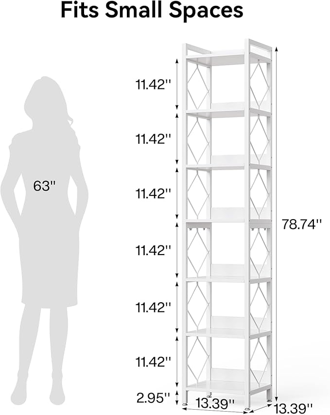 LITTLE TREE Book Shelf, 7-Tier Tall Bookcase, 78.7" Wooden Display Shelves with Sturdy Metal Frame for Living Room, Modern Narrow Standing Bookshelves for Bedroom, White Office Shelf for Small Spaces