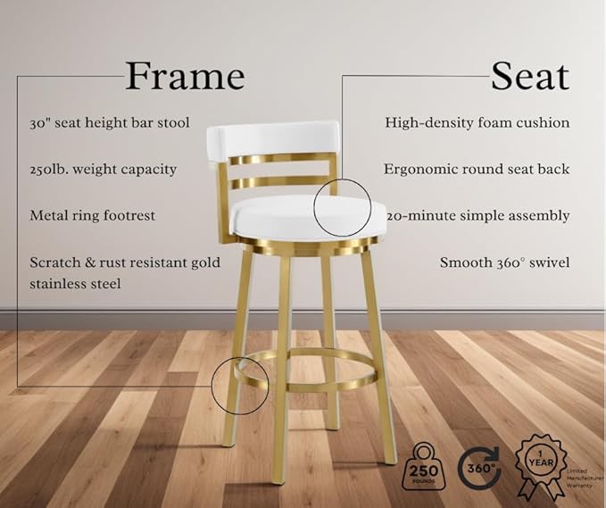 Armen Living Madrid 30" Seat Height Swivel Modern White Faux Leather and Gold Brushed Stainless Steel Bar Stool for Kitchen Island Counter