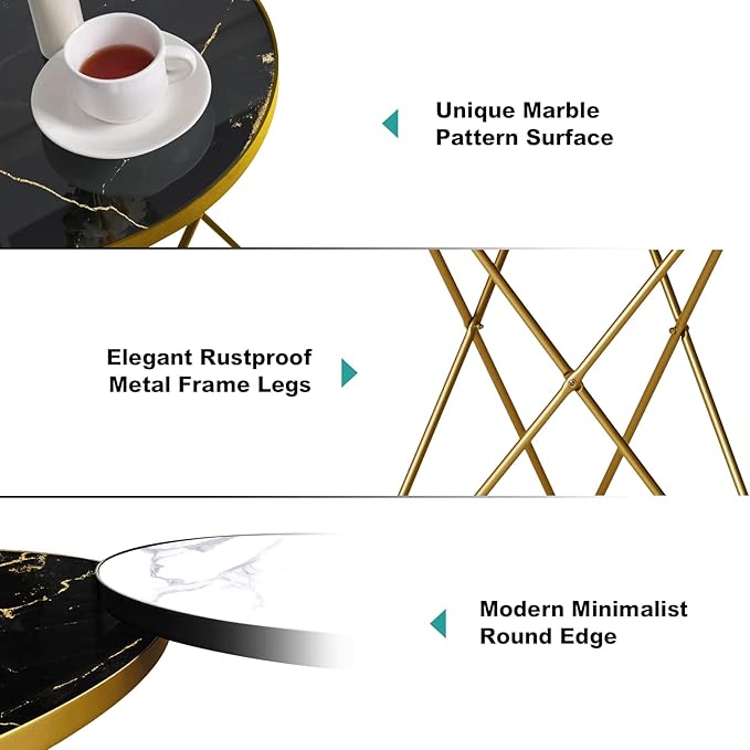 HLR Modern Round Side Table Set of 2, End Table with Marble Effect Top and Gold Metal Frame, Small Side Table for Living Room, Bedroom, Sofa and Couch, Gold Legs, Black Marble top