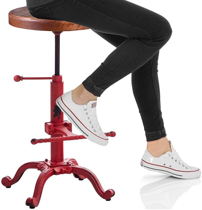 Topower Industrial Retro Vintage Farm Wooden Tractor Stool Kitchen Swivel Height Adjustable bar Stool (Antique Red)