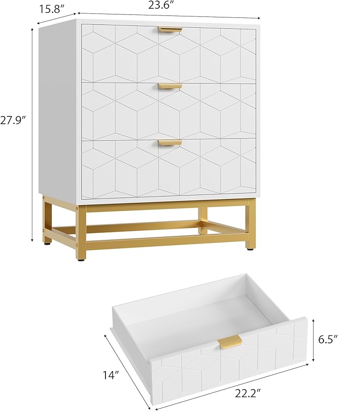 GAOMON 3 Drawer Dresser, Wood Chest Drawers with Storage for Closet, Bedroom, Drawers Dresser Modern Bedside Nightstand with Gold Handles, White