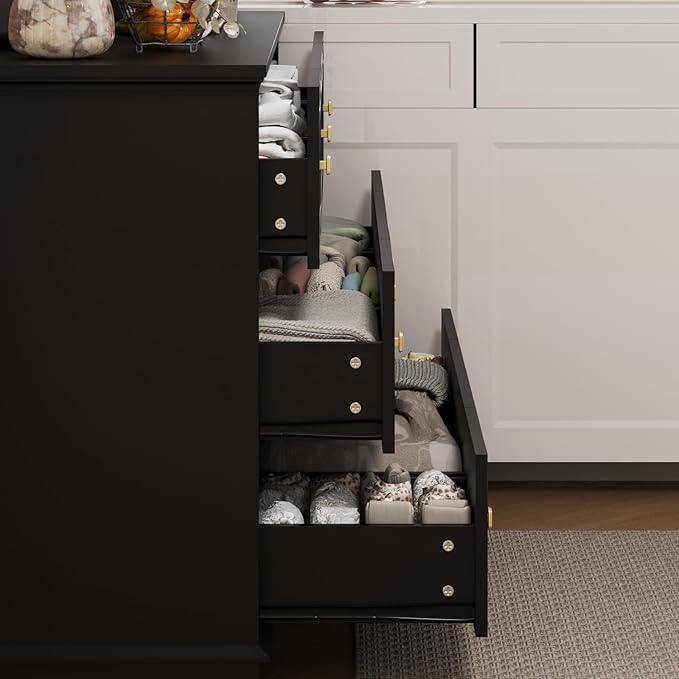 9-Drawer Dresser, 57" Wooden Chest of Drawers with Rustic Top, Modern Farmhouse Furniture Organizer, Bedroom Storage Cabinet for Clothes, Accessories, Living Room, or Entryway, Black