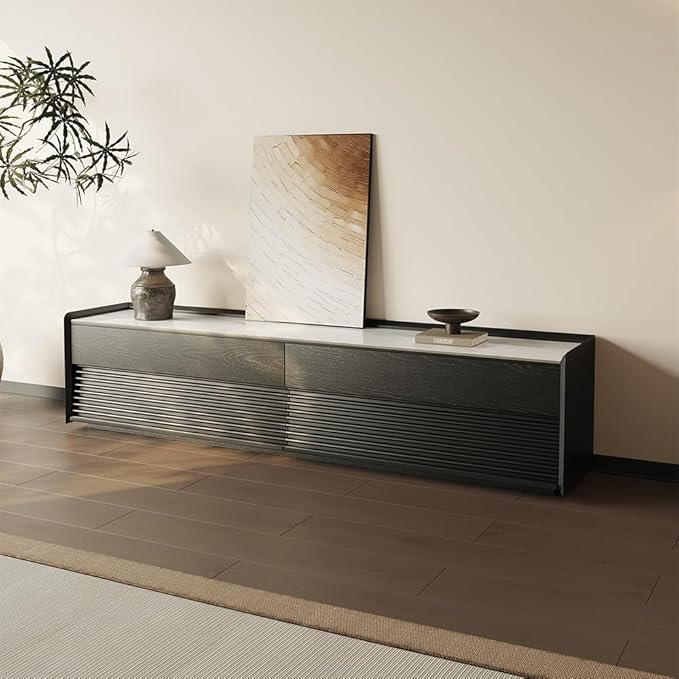 POVISON Fully-Assembled Mid Century TV Stand with Adjustable LED Light, Glossy Sintered Stone Media Console, Entertainment Center with Storage for Living Room