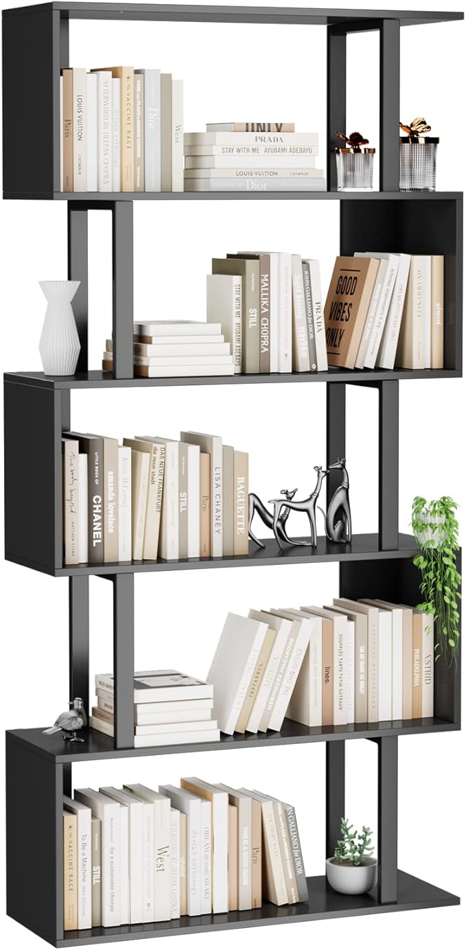 Gadroad 5-Tier Geometric Bookcase,S Shaped Bookshelf, Wood Decorative Storage Shelving, Modern Freestanding Display Shelves, Tall Book Shelf Unit for Living Room Bedroom, Black