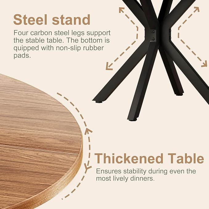 47 Inch Round Dining Table for 4, Modern Round Dinner Table Small Mid Century Dining Room Tables, Leisure Kitchen Tables for Small Space, Kitchen, Living Room, Steel Legs, Black & Natural