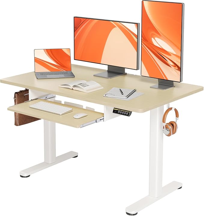 YDN Standing Desk with Keyboard Tray, 48 Inch Height Adjustable Desk with Cable Management, Natural Stand Up Desks for Home and Office, 48inch Natural