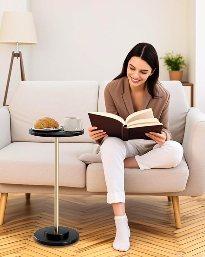 Round Side Table, Small Drink Table for Small Spaces, Modern Accent End Table Coffee Table with Metal Leg for Living Room, Bedroom, Corners, and Office (Black Marble)