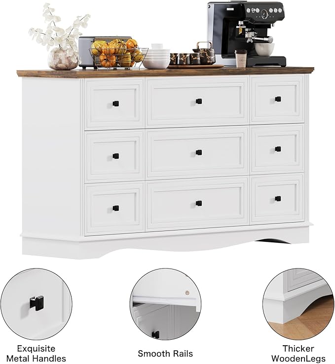 57" Wooden Dresser with 9 Drawers, Modern Farmhouse Furniture Organizer, Chest of Drawers with Rustic Top, Bedroom Storage Cabinet for Clothes, Accessories, Living Room, or Entryway, White