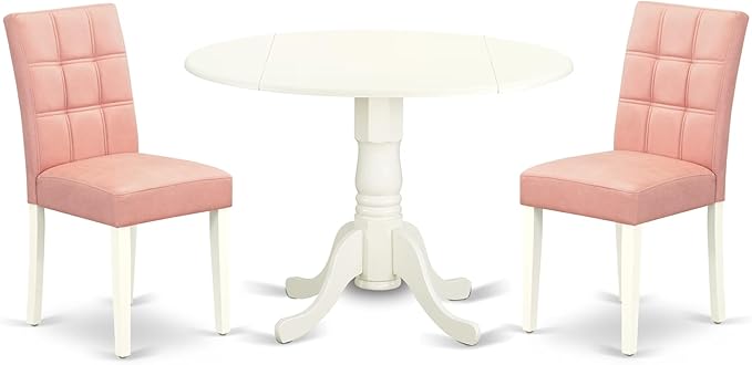 East West Furniture DLAS3-WHI-42 3 Piece Dining Table Set consists A Dinner Table and 2 Beige Red Polyester Fabric Parson Kitchen Chairs with Stylish Back- Linen White Finish