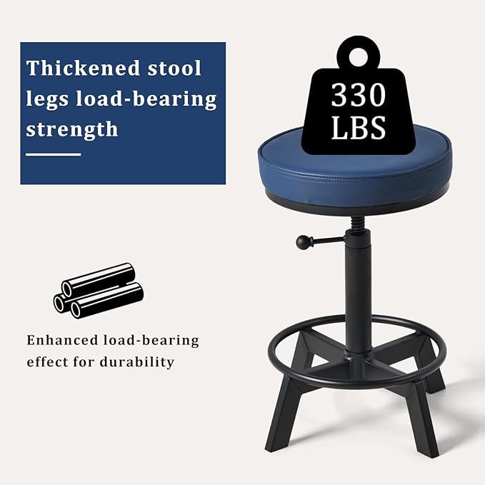 Vintage Short Bar Stools Industrial Swivel Counter Stools 17-24inch Height Adjustable Rustic Leather PU Seat Chairs for Kitchen Island Extra Seat Beside Sofa (Dark Blue)