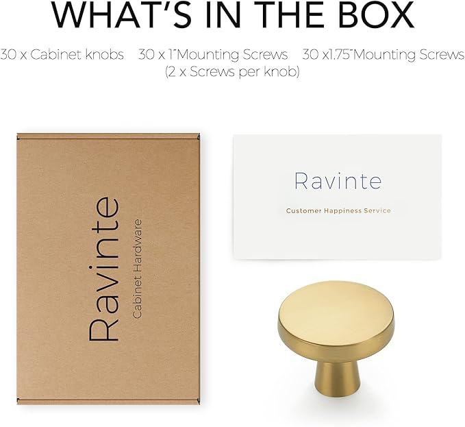 Ravinte 30Pack Drawer Pulls 1-1/4 Inch Kitchen Cabinet Knobs Solid Brushed Brass Round Dresser Drawer Knobs Gold Dresser Knobs Drawer Knobs Simple Cabinet Hardware for Cupboard Drawer Pulls