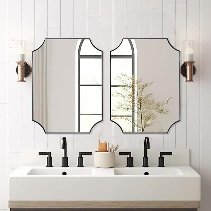 ANDY STAR Matte Black Bathroom Mirror, 22x30'' Scalloped Mirror for Bathroom, Unique Rectangle Bathroom Mirror in Premium Stainless Steel Frame, Deep 1", Ideal for Limited Space