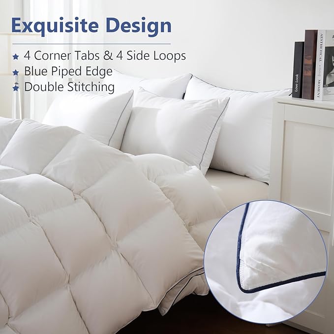DOWNCOOL Feather Comforter Oversized King Size, Ultra Soft Fluffy Duvet Insert with 100% Cotton Cover, All Season Luxurious Hotel Bedding Comforters with Corner Tabs, White 116"x98"