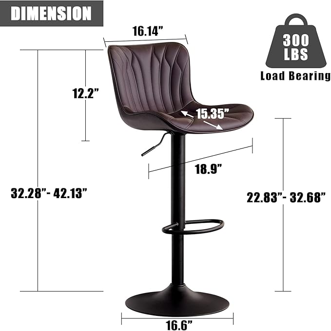 YOUNIKE Brown Bar Stools Set of 2 Modern Swivel Counter Height Bar Chair with Back Adjustable Faux Leather Padded Barstools for Kitchen Breakfast Island Metal sillas para barra de cocina