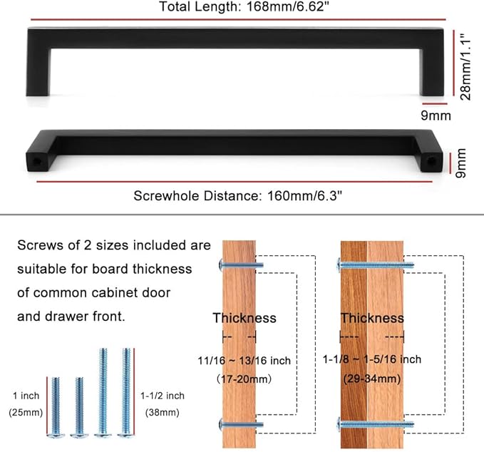 KOOFIZO 30-Pack Solid Square Bar Cabinet Handle - Black Furniture Pull, 6.3 Inch/160mm Screwhole Distance for Kitchen Cupboard Door, Bedroom Dresser Drawer, Bathroom Wardrobe Hardware