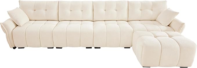Modern Chenille Fabric 4-Seat Sofa w/Ottoman+2 Pillows, Premium Upholstery Living Room Couch with Tufted Backrest & Comfortable Armrests and High-Resilience Memory Foam Cushions,White