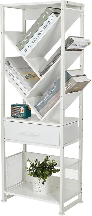 Bookshelf with Drawer,8 Tier Tree Bookcase Retro Floor Standing Bookshelves,Tall Wood Bookcases with Cabinet Storage Organizer for Living Room, Bedroom & Home Office, White