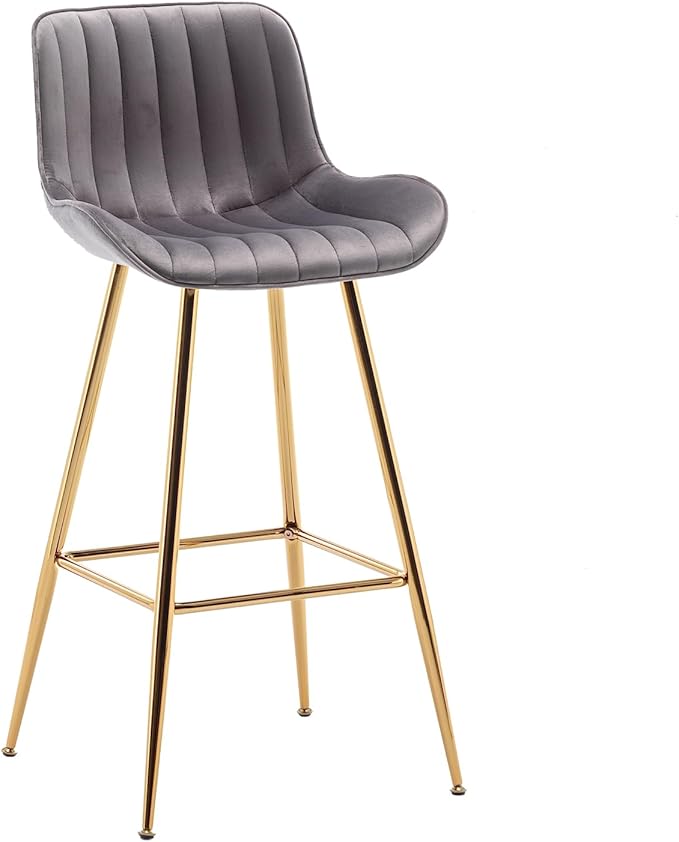 Sidanli Gold Bar Stools Set of 2, 29” Velvet Barstools, Kitchen Chairs for Counter Height with Back and Footrest, Gray