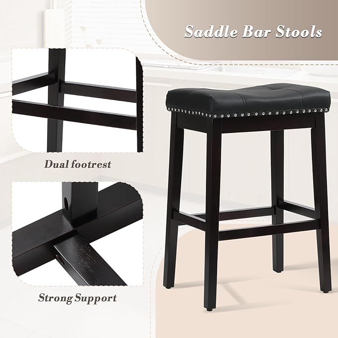 Athena Collection Counter Height Bar Stools Set of 2, 29.5 Inches Backless Saddle Bar Stools with Leather Upholstered and Nailhead Trim, Barstools for Counter, Kitchen Island, Dining Room, Black