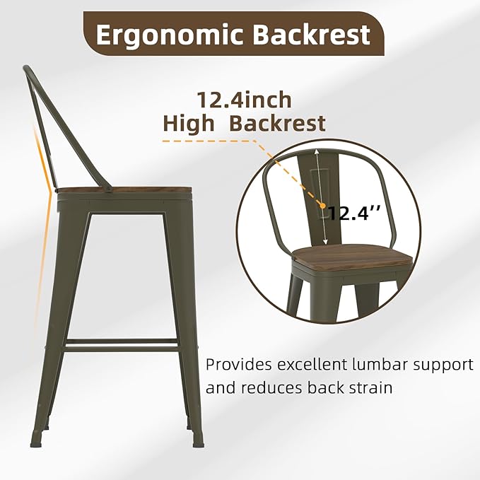 30” Swivel Bar Stools Set of 4, Counter Height Bar Stools Wooden Seat, Metal Industrial Bar Chairs with High Back for Kitchen Island (Rusty)