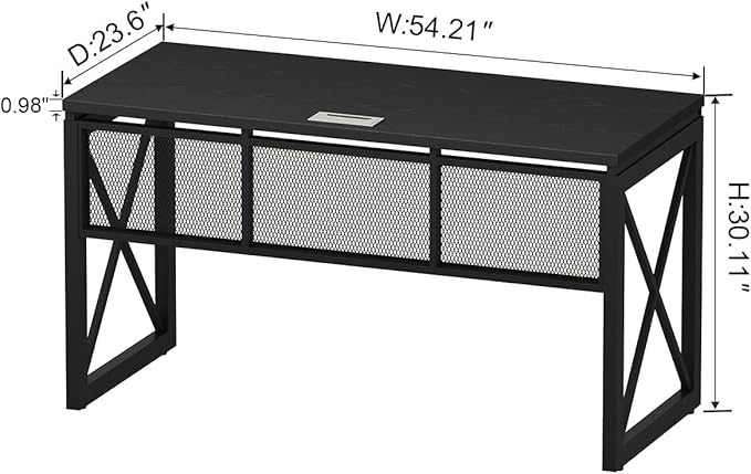 BON AUGURE Black Desk, Wood Computer Desk, Industrial Office Desks, Sturdy Writing Desks for Bedroom, Home Office, Living Room Study Workstation (Black, 54 Inch)