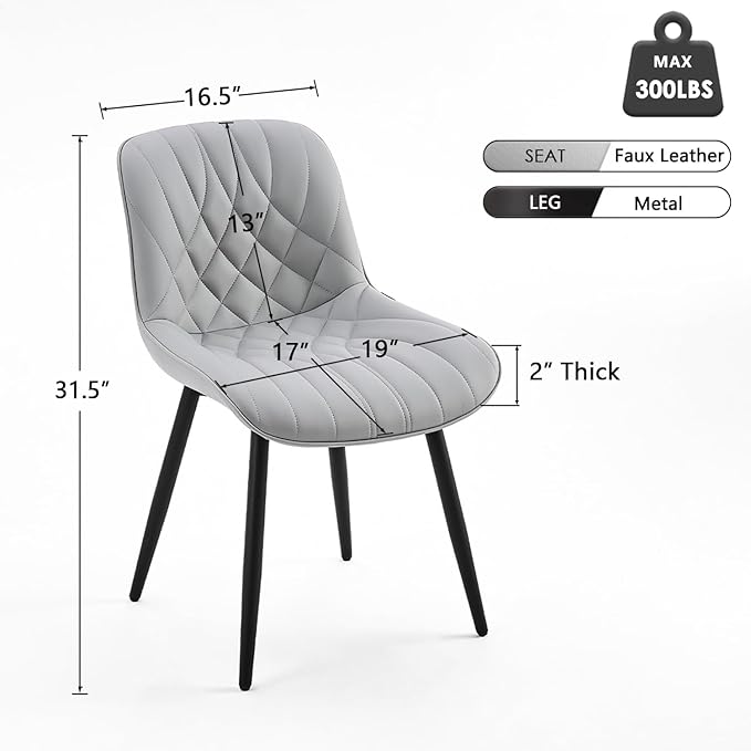YOUNUOKE Dining Chairs Set of 2 Mid Century Modern Kitchen Chair Comfortable Upholstered Faux Leather Dinner Chairs for Kitchen Dining Room, Grey