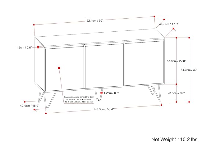 SIMPLIHOME Hunter Buffet - 60 inch Wide Solid Mango Wood 3-Door Sideboard Buffet in Natural, Contemporary Storage Cabinet for Dining Room or Kitchen with Adjustable Shelves and Metal Legs