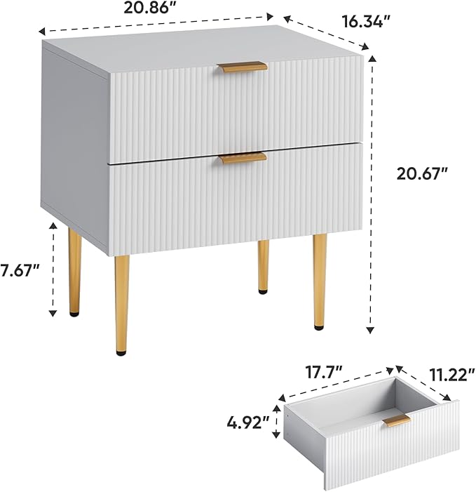 Nightstand, White Night Stand with Fluted Panel, Bedside Table with 2 Drawer, Large Mid Century Modern Nightstand with Gold Leg, End Tables for Bedroom