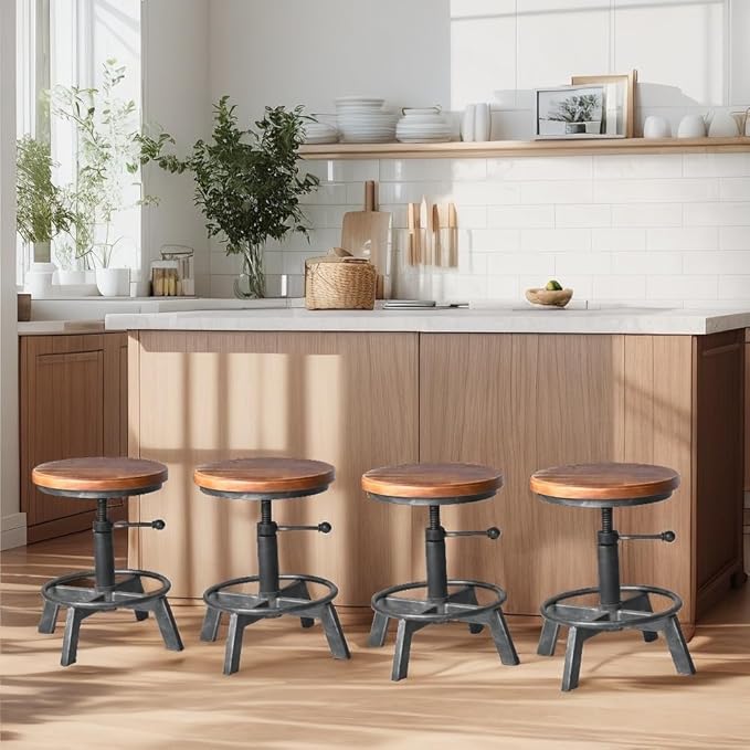Set of 2-Industrial Bar Stool-Counter Height Chairs- Swivel Wooden Seat- Adjustable 15.2-21"