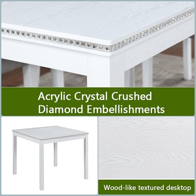 Dining Table Set for 4, 5-Piece Kitchen Table & Chairs Set with Versatile Square Table & 4 Upholstered Chairs, 34.5'' Dinner Set with Crystal Decorations & Wood Grain Design, Light White