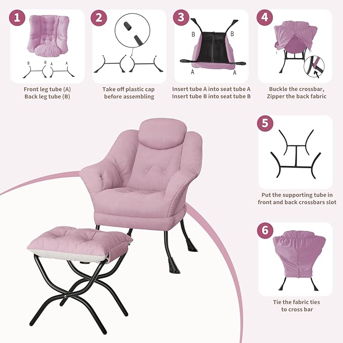 IDEALHOUSE Lazy Chair with Ottoman - Modern Living Room Chairs for Small Spaces, Ergonomic Reading Chair with Armrests, Comfy Chair with Ottoman for Bedroom & Living Room, Pink