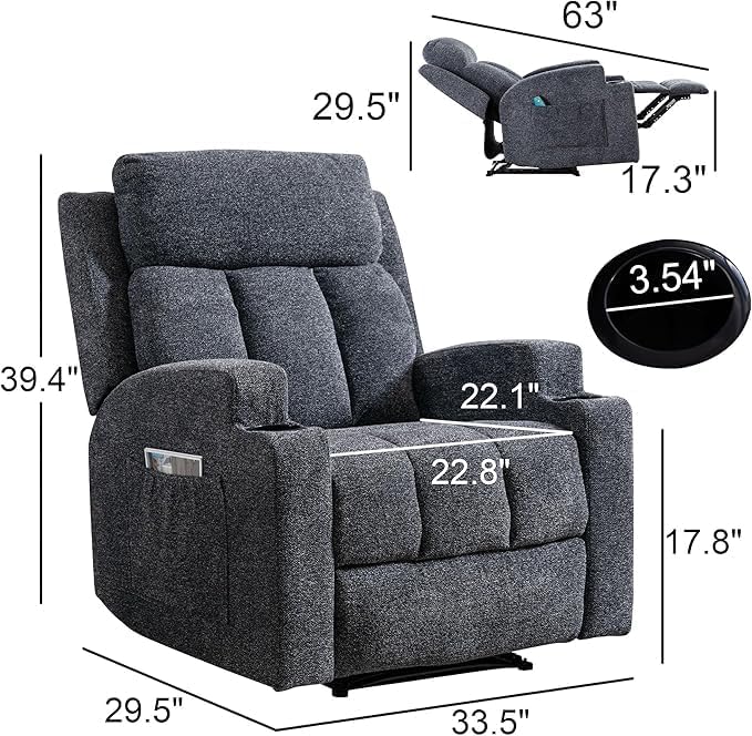 Phoenix Home Manual Recliner Chair with Massage and Heat Ergonomic Overstuffed Breathable Fabric Reclining Chair with 2 Side Pockets, 2 Cup Holders, Remote Control, Living Room, Bedroom, Dark Gray
