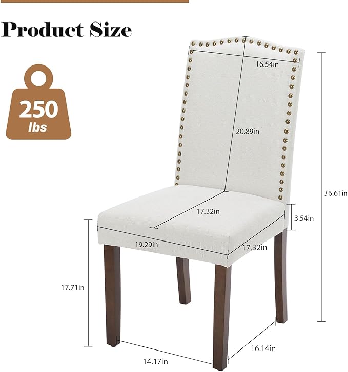Kitchen Chairs Set of 6 Modern Upholstered Fabric Seat with Nailhead Trim and Ergonomic Lumbar Support for Living Room and Rustic Farmhouse Dining Area, Beige