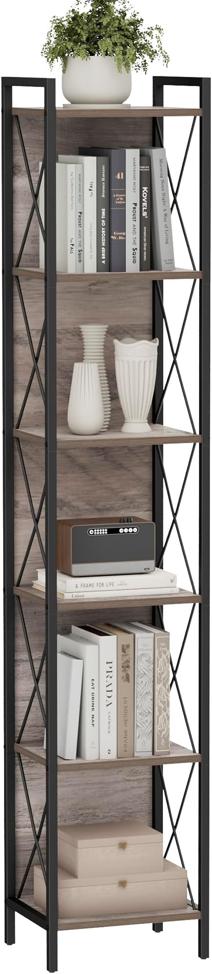 Homhedy 6 Tier Bookshelf Bookcase, Tall Narrow Bookshelf for Small Space, Metal Storage Shelves with Back Panel, for Home Office, Living Room, Kitchen, Bedroom, Industrial Style, Greige