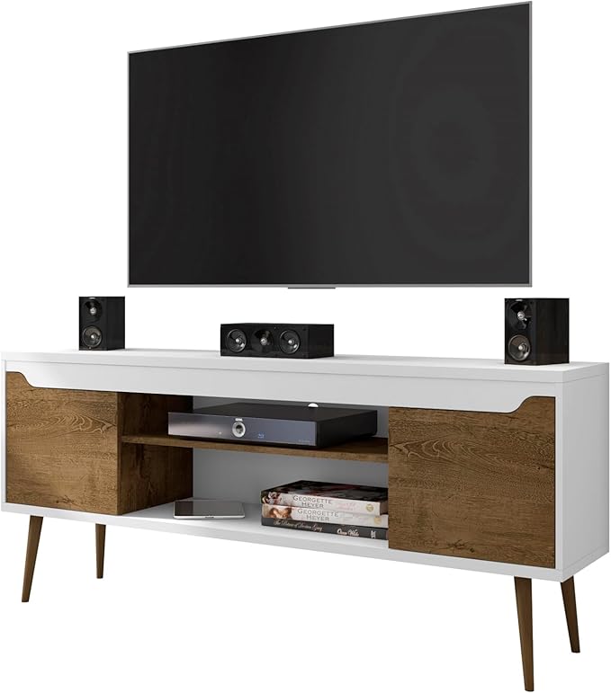 Manhattan Comfort Bradley Mid Century Modern TV Stand for Televisions up to 60 Inches, Living Room Entertainment Center with Storage, Media Shelves and Soft Close Doors, White/Rustic Brown