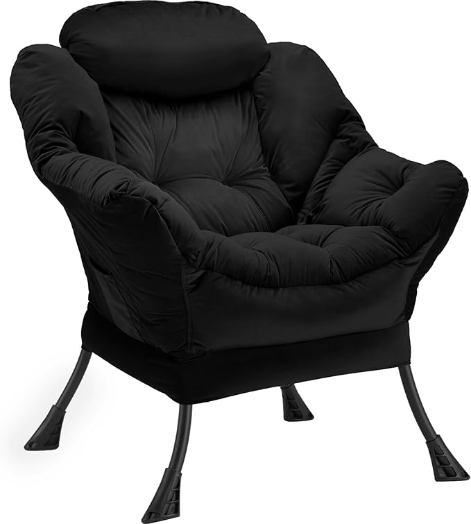 Lazy Chair Thick Padded, Comfy Velvet Accent Lounge Chair with Stable Frame, Leisure Sofa Armchair with Armrests and Side Pocket, Reading Chair for Bedroom, Living Room, Office, Black